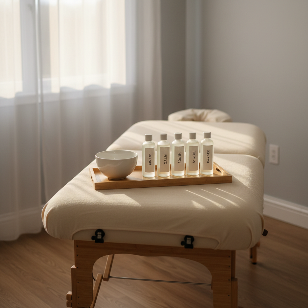 A set of calming massage oils in sleek, frosted glass bottles with minimalist labels, neatly arranged alongside a pristine white ceramic bowl on a polished, light-wood tray. The tray sits atop a closed, portable massage table with neutral upholstery, situated in a bright, airy corner of a contemporary home environment. Late-afternoon light streams gently from a large window, creating soft highlights and delicate shadows that add dimension without distraction. The atmosphere is peaceful yet organized, captured from a slightly elevated angle to show the careful arrangement. The image has a photographic, structured visual style, embodying clinical professionalism for a home-visit massage business.